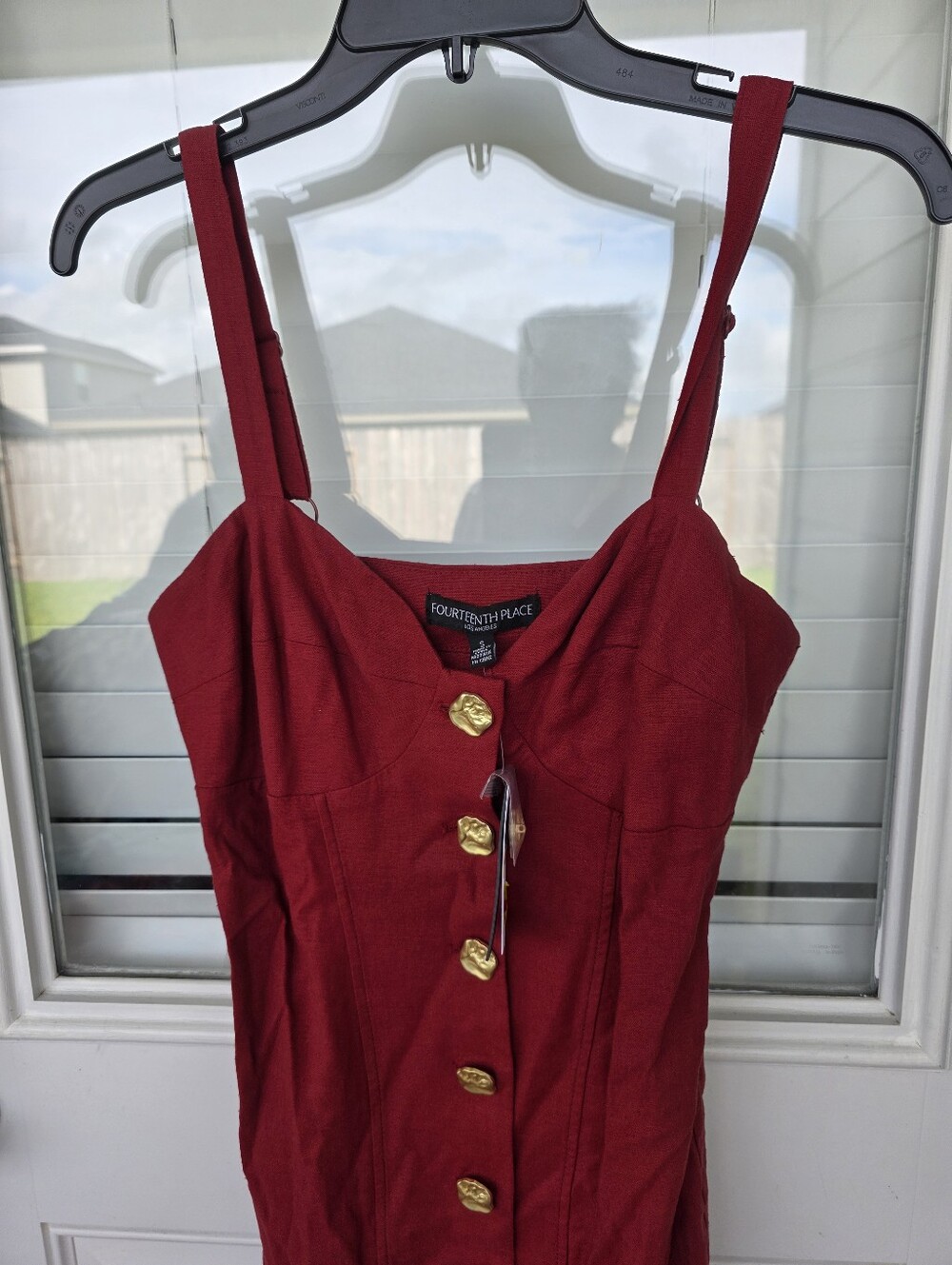 Fourteenth Place Red Midi Dress Sz XXS Gold Button Front Sleeveless Bodycon - Picture 3 of 10